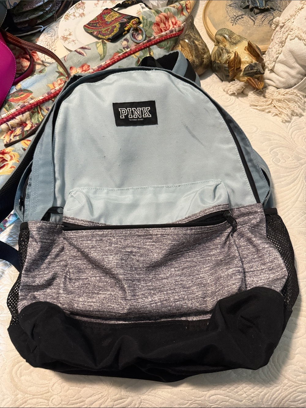 PINK Victoria's Secret Light Blue and Gray Backpack with Black Accents